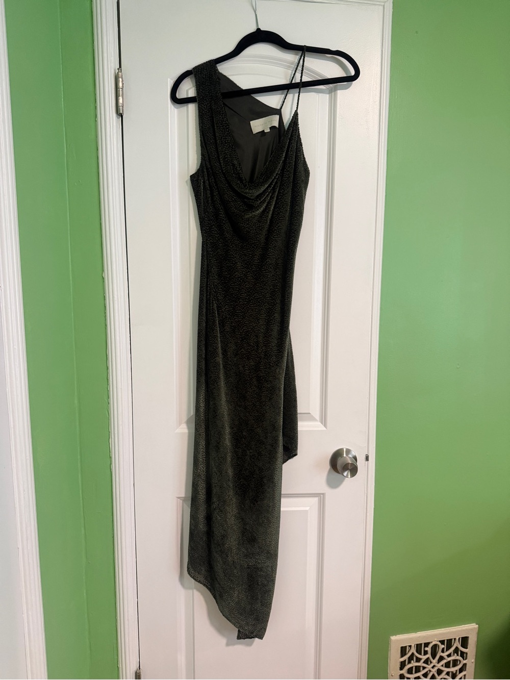 Michelle Mason Asymmetrical Cowl Neck Dress in Olive Green
